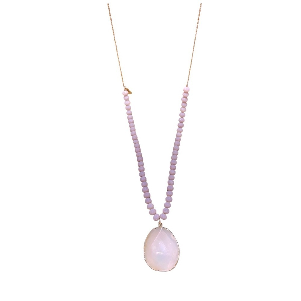 Love Poppy Glass Bead & Quartz Long Necklace 40” Lavender/Gold